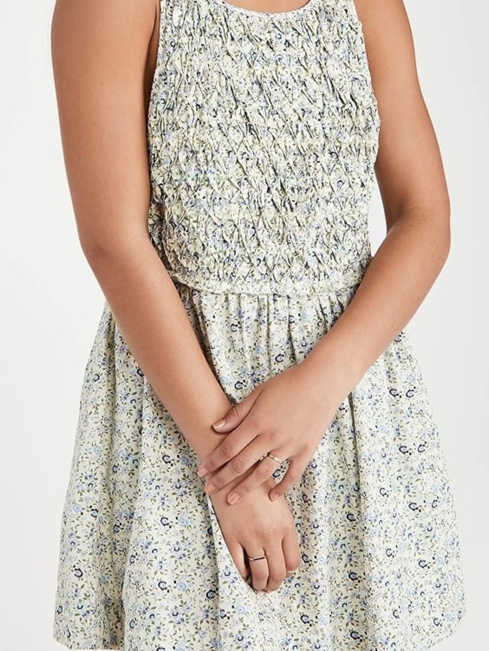 Free People Light Floral Smocked Sundress — Cream with Blue & Green Print